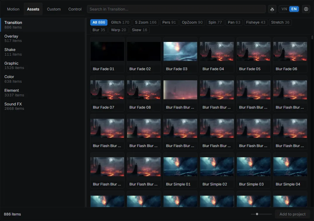 Assets tab: asset grid with preview thumbnails