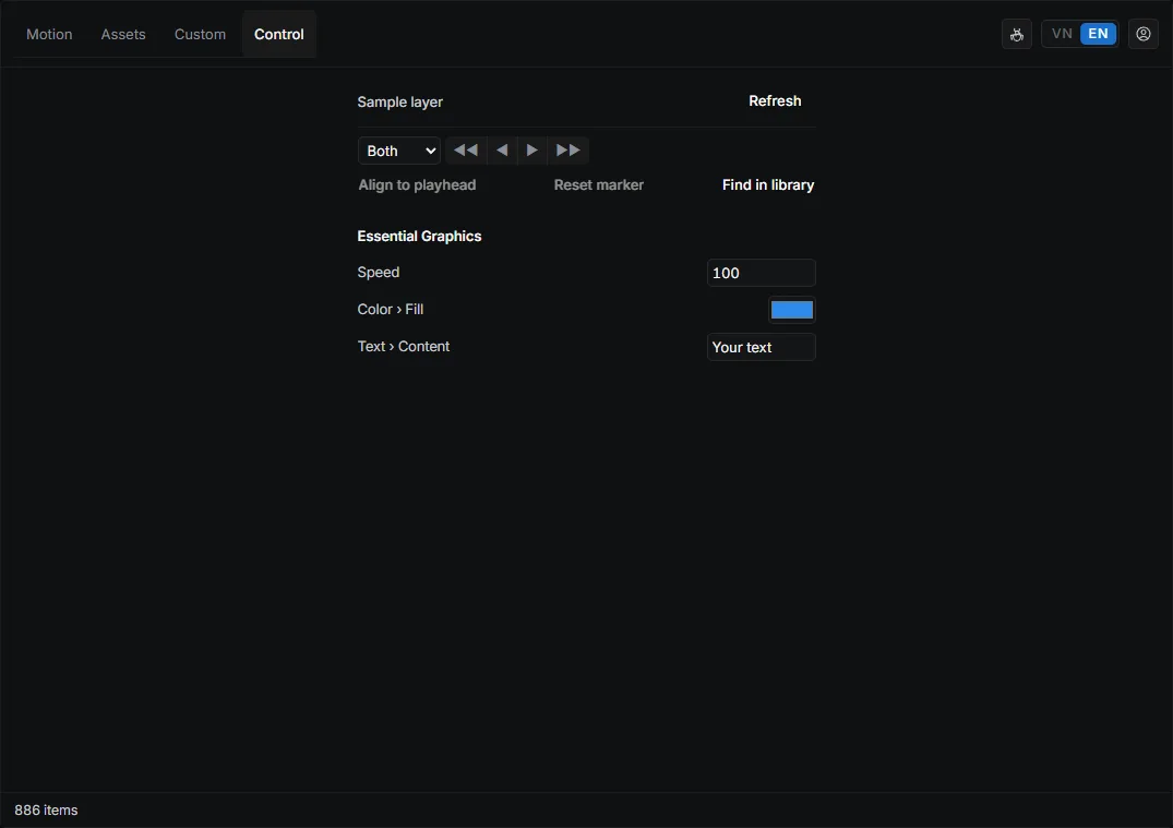 Control tab: keyframes and markers on the selected layer