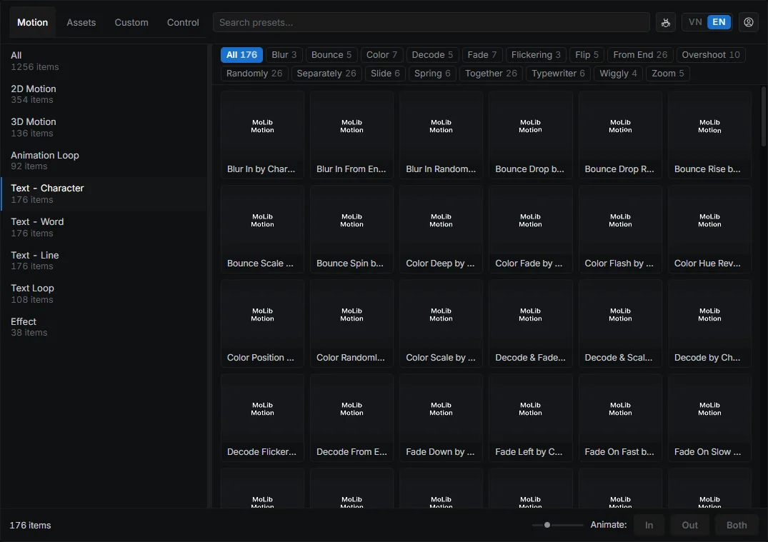 Motion tab: preset grid with live previews